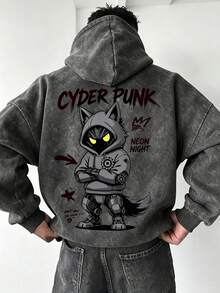 Men's Dark Gray Washed Distressed Cyberpunk Wolf Print Hoodie, Cartoon Loose Streetwear Pullover - Dark Grey - View 2