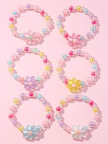 6Pcs Flower Beaded Bracelets For Girls, Random Color Kids Party Jewelry Birthday Gift - Multicolor - View 11