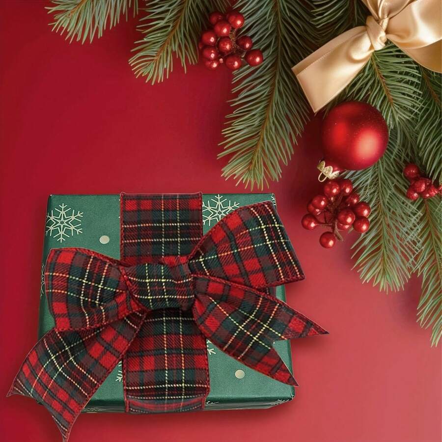 2pcs Red & Green Plaid Ribbon, For Christmas Tree Bows And Holiday Decorations (2.5 Inches Wide, 5 Yards Long) - Multicolor - View 1