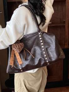 Tas Bahu Retro Wanita Kapasitas Besar, Tas Hobo Dekorasi Rivet Timbul Huruf dengan Liontin Hati Leopard, Tas Tote Kasual untuk Komuter - MultiWarna - View 8