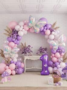 7pcs Butterfly Theme Birthday Party Decoration Balloon Set, 32-Inch Purple Number 0-9 Balloons, Colorful Butterfly Shaped Laser Balloons, 5pcs Butterfly Shaped Stickers (Random Style), Baby Shower, First Birthday, Baptism - View 6