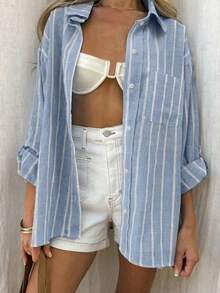Casual Versatile Striped Lapel Button Cuff Linen Shirt, New Autumn Collection, Women's Autumn Clothing, Striped Shirt Spring - Blue - View 6