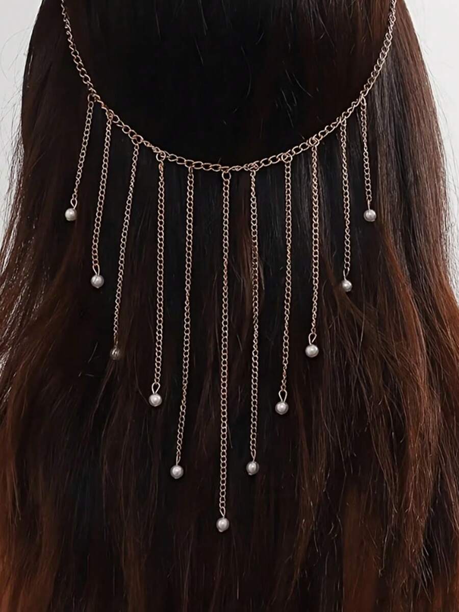 Back Hanging Tassel Pearl Pendant Hair Jewelry, Simple Unique Women Stylish Versatile Hair Accessory For Wedding Party Decoration - Multicolor - View 1