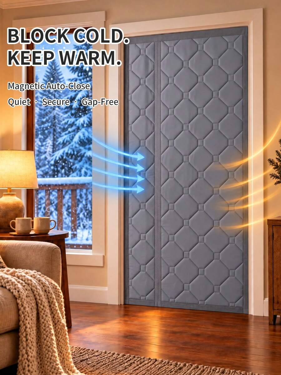 1pc Magnetic Thermal Insulated Curtain, Double-Sided Reversible Design, Magnetic Auto-Closing, No Drilling Required, Blocks Cold Air And Noise, Suitable For Entry Door, Basement, Kitchen - Grey - View 1