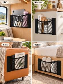 Elastic Mesh Storage Bag With Adhesive Wall Mount - Sticky Organizer Bag For Mail, Letters, Documents, Perfect For Cabinet Doors, Car Trunk, Under Sink, Sofa Side And RV - Home, Kitchen And Travel Storage - Multicolor - View 7