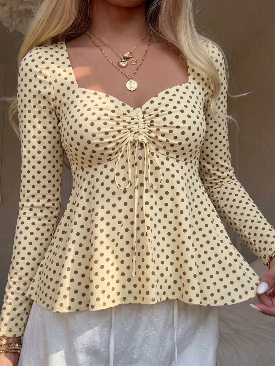 Casual Fashion Polka Dot Square Neck Ruched Tie Front Ruffle Long Sleeve T-Shirt Top, Autumn/Winter New Style, Versatile For Daily Wear - Yellow - View 1