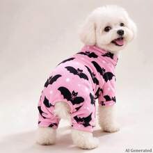 Opjoys 1pc Halloween Bat Print Dog Jumpsuit, Halloween Style Skin-Friendly Knitted Four-Legged Design Round Neck Ribbed Cuff Warm Belly Protection Anti-Shedding Pet Home Wear Spring Autumn Daily - Pink - View 5