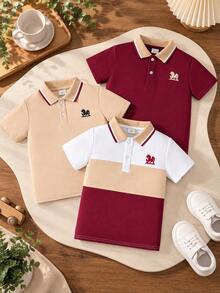 3pcs/Set Boys Multicolor Embroidered Short Sleeve Polo Shirts, Contrast Striped Collar Preppy Style Tops, Suitable For Back To School And Daily Wear - Burgundy - View 1
