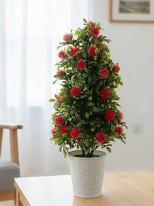 1PC Artificial Christmas Tree Potted Plant With Red Flowers, 17.7 Inch Artificial Evergreen Shaped Tree With White Pot, Holiday Home Indoor Desktop Decor Artificial Greenery - Red Green - View 3