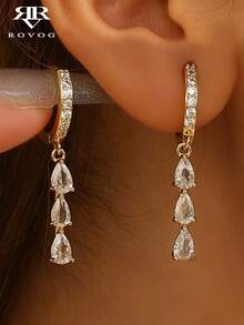 1 Pair Luxury Minimalist Cubic Zirconia Teardrop Glass Earrings Suitable For Women's Casual And Party Wear - Yellow Gold - View 1