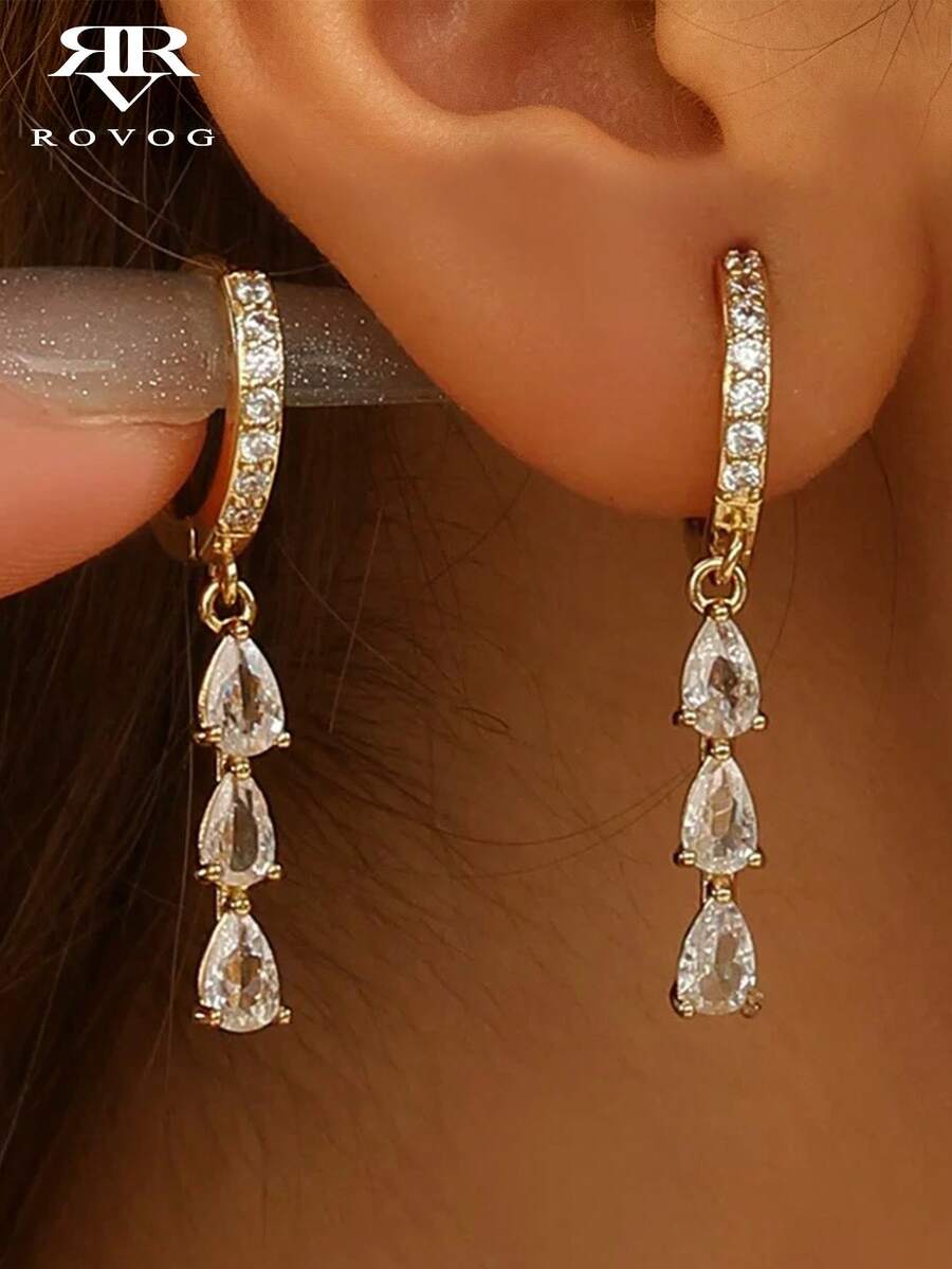 1 Pair Luxury Minimalist Cubic Zirconia Teardrop Glass Earrings Suitable For Women's Casual And Party Wear - Yellow Gold - View 1