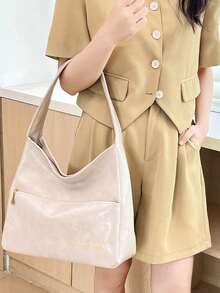 Women's Solid Color Faux Leather Letter Print Zipper Pocket Shoulder Bag, Minimalist Casual Everyday Handbag - White - View 2