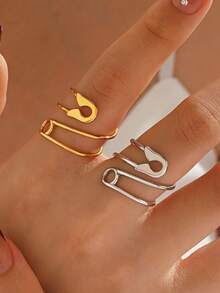 2pcs/Set Stainless Steel 18K Gold Plated Fashion Paperclip Ring, Suitable For Women's Daily And Party Wear - Multicolor - View 1