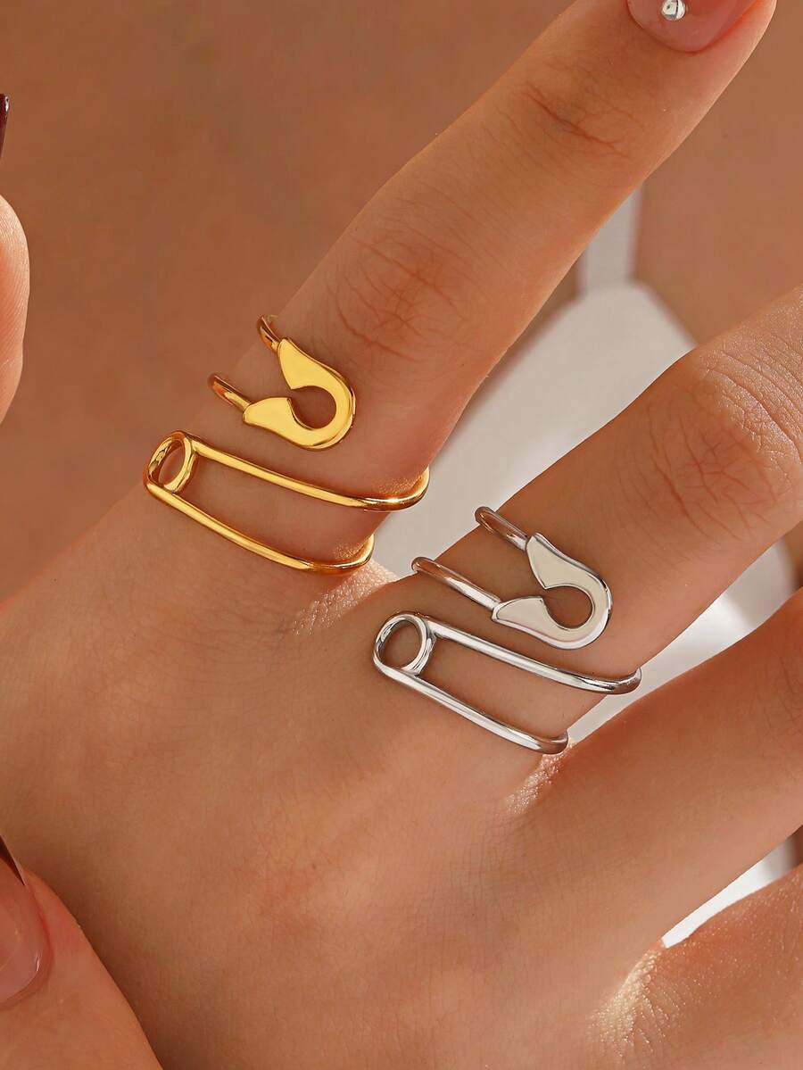 2pcs/Set Stainless Steel 18K Gold Plated Fashion Paperclip Ring, Suitable For Women's Daily And Party Wear - Multicolor - View 1