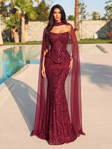 Elegant Women's Strapless Mermaid Sequin Evening Gown With Detachable Shawl, Luxurious Long Formal Dress For Balls And Special Occasions - Burgundy - View 5
