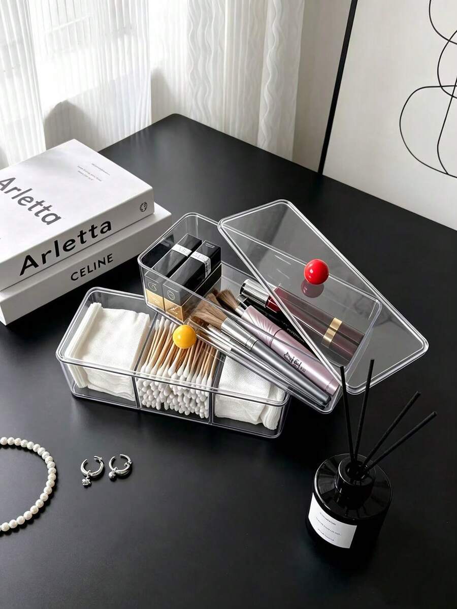 1pc Multi-Functional Desktop Cosmetic Storage Box, Colorful Ball Convenient Opening Handle, Thickened High-Transparency Dust-Proof Design, Freely Stackable Combination, Home Vanity Storage For Cotton Pads, Cotton Swabs, Lipsticks, Makeup Tools, Neat Storage Organizer - View 1