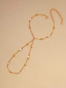 1pc Gold Personalized Design Asymmetrical Chain Metal Bead Rhinestone Finger Bracelet Women's Single Layer Hand Chain Jewelry Daily Wear Hand Accessory Gift - Gold - View 3