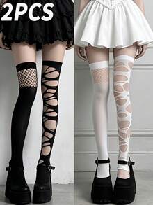 1/2 Pasang Celana Ketat Selutut Gaya Gothic Sobek untuk Wanita - Hitam - View 6