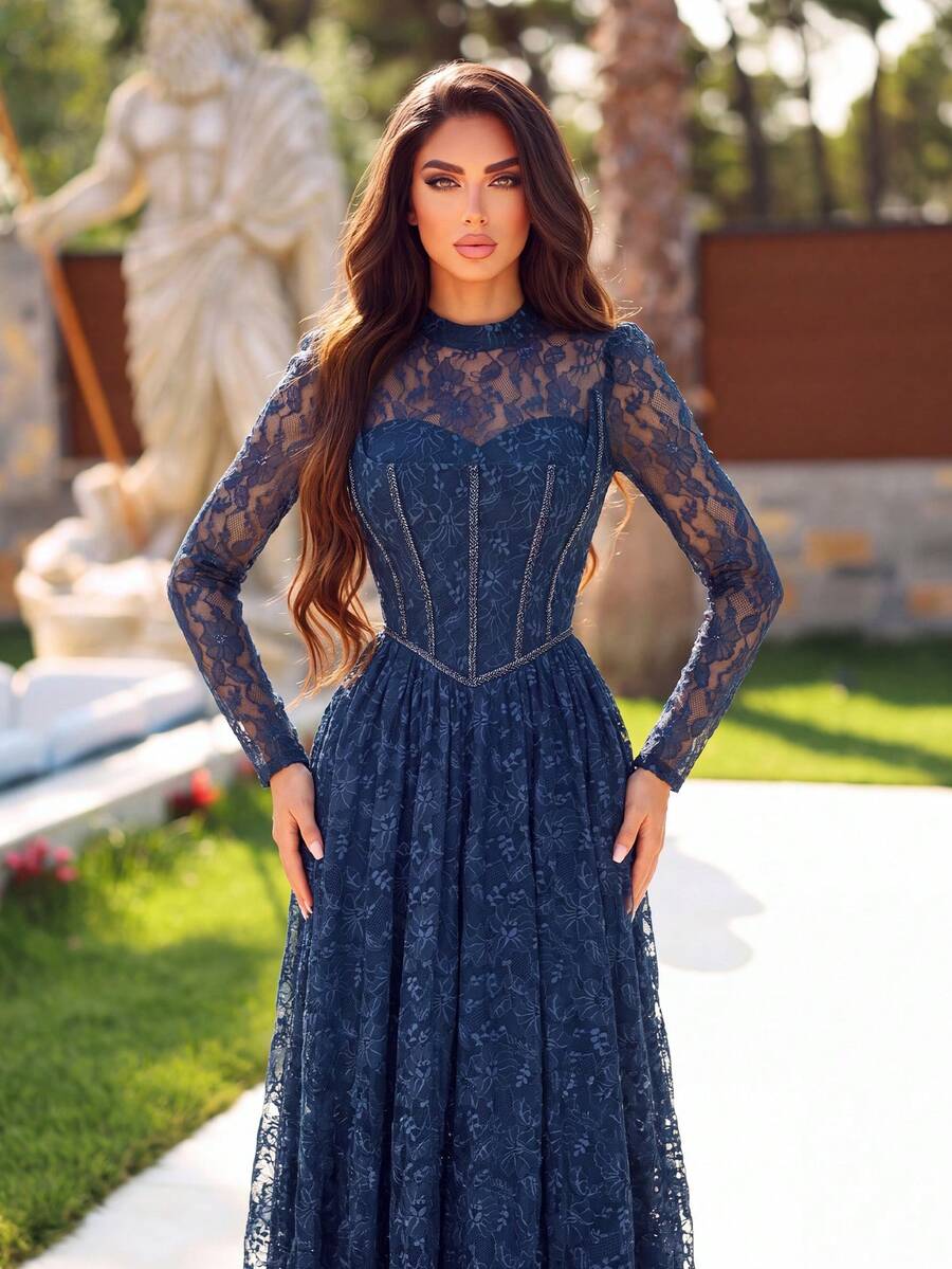 Romantic Women's Deep Blue Flare Lace Maxi Dress, Stand Collar Long Sleeve Design, Suitable For Elegant Evening Occasions - Royal Blue - View 1