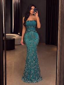 Elegant Women's Fitted Strapless Mermaid Long Evening Gown, Suitable For Valentine's Day Party, Evening Gala, Celebration, Night Occasions - Dark Green - View 1