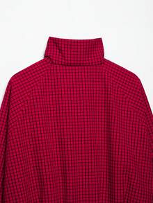 YROOE Women's Autumn/Winter Red & Black Small Plaid Stand Collar Zipper Raglan Sleeve Loose Short Jacket - Red - View 9