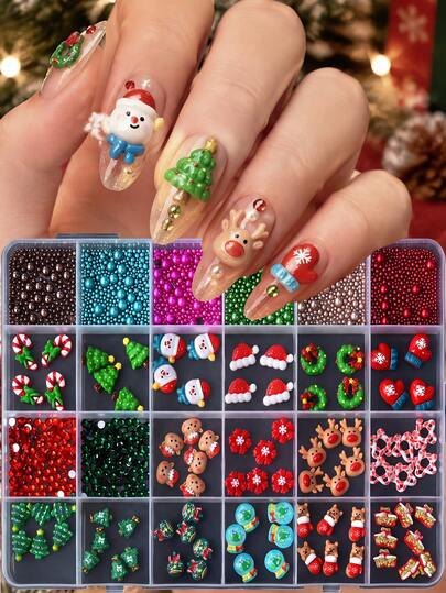 24 Grids Christmas 3D Nail Charms Set, Resin Snowman, Reindeer, Xmas Tree, Candy Cane, Wreath, Santa Hat, Mixed Rhinestone Beads, Cute Cartoon Nail Art Decorations For DIY Acrylic Nails, Holiday Party Manicure Supplies