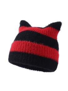 1pc Men's Fashion Cute Ear-Shaped Striped Short Fur Beanie Knit Hat, Suitable For Autumn/Winter Warmth, Daily Wear And Outfits - A - View 5