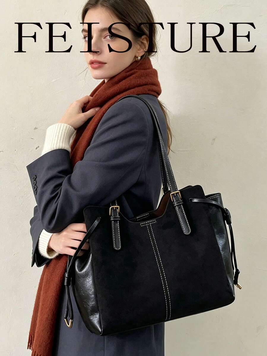 FEISTURE 1件裝麂皮與PU布料拼接多層托特包，時尚女款單肩包，適合女孩、女性、大學生、職場新人與白領上班族，適用於工作、商務、通勤、上學