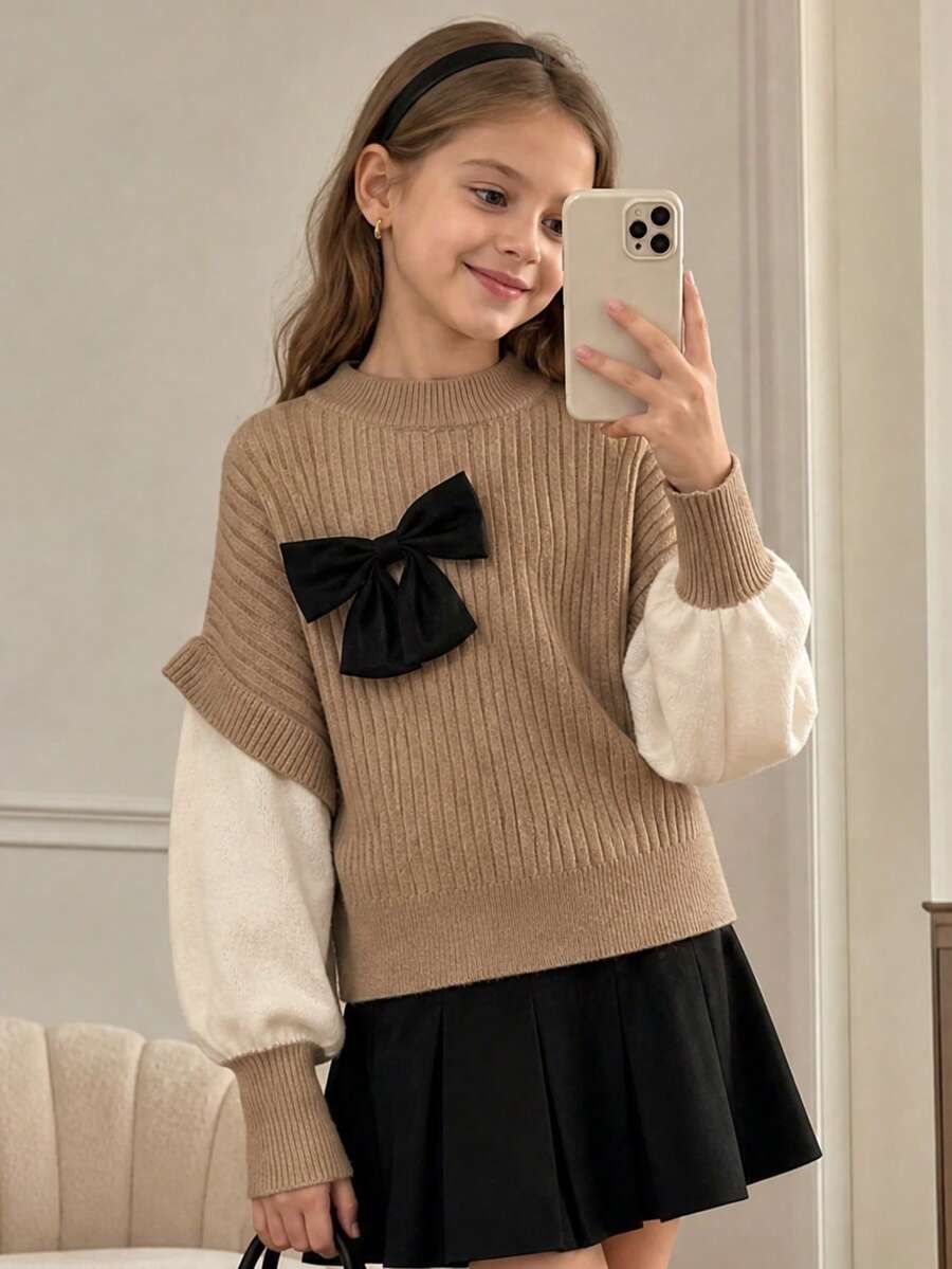 Tween Girl Tween Girl Knitted Sweater, Bow Decor, Ribbed Short Sleeve Pullover, Casual Campus Style Top For Autumn/Winter, 8-12 Years - Multicolor - View 1