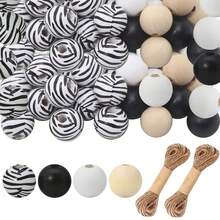 120pcs Beads & 2 Hemp Ropes, 16mm Beads Is Smooth, Lightweight, For Keychains, Wreaths, Farmhouse Decor, And Party Decorations - Black and White - View 1