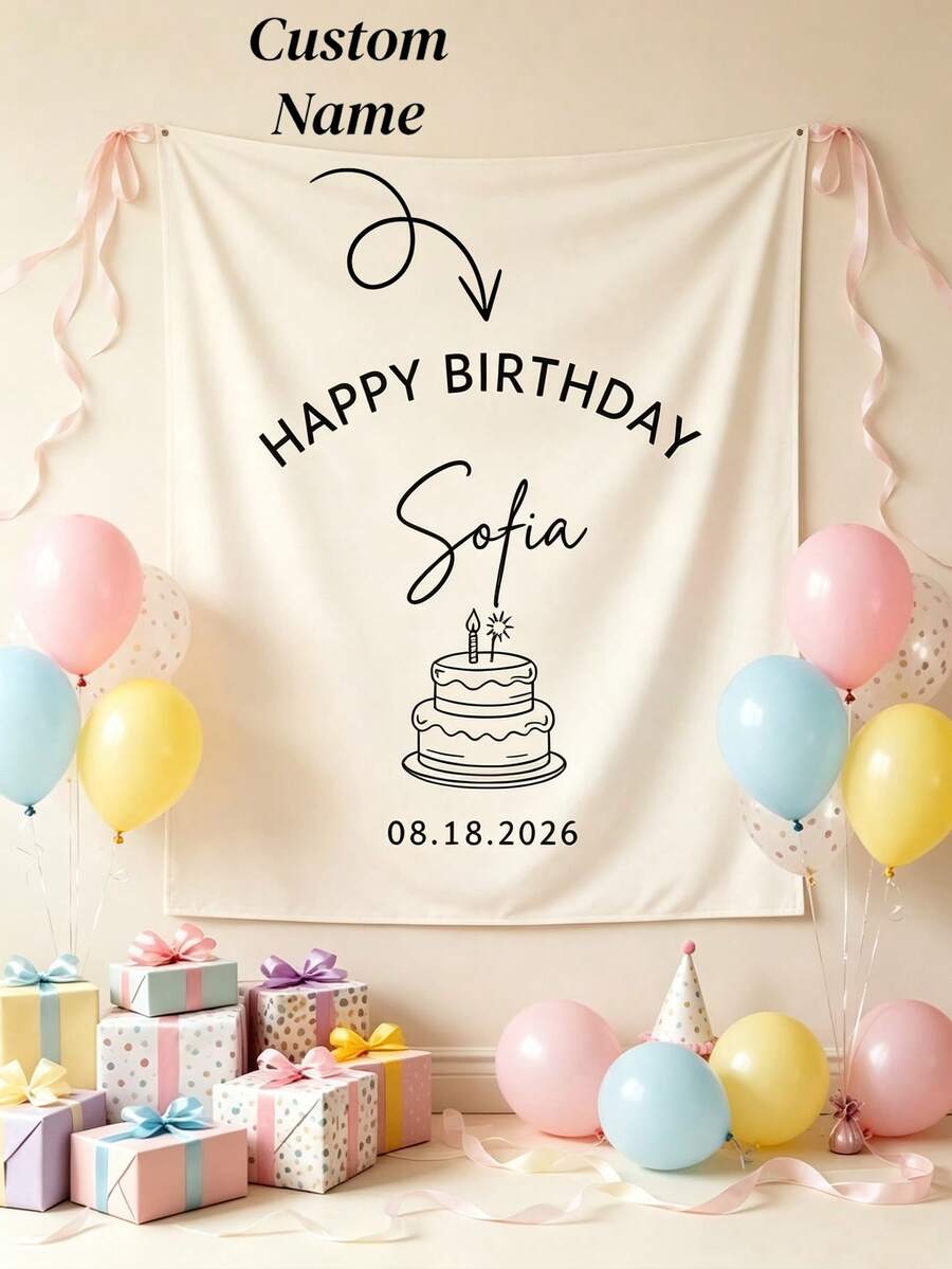 Customized Baby Birthday Cake Banner, Personalized Birthday Name Backdrop, Fabric Sign, White Bohemian Style Birthday Wall Decor, Baby Birthday Decoration - Multicolor - View 1