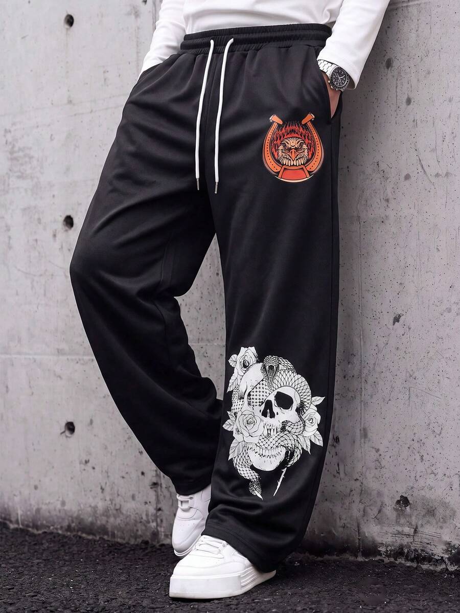 MAISONFOX Men's Pocket Drawstring Waist Casual Loose Skull Printed Long Pants,Draped Loose Fit Long Pants For Daily Wear,Sweatpants For Men,Baggy Sweatpants - Black - View 1