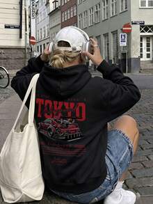 Women's Black TOKYO JDM Racing Print Sweatshirt, Autumn Streetwear Long Sleeve Pullover - Black - View 2