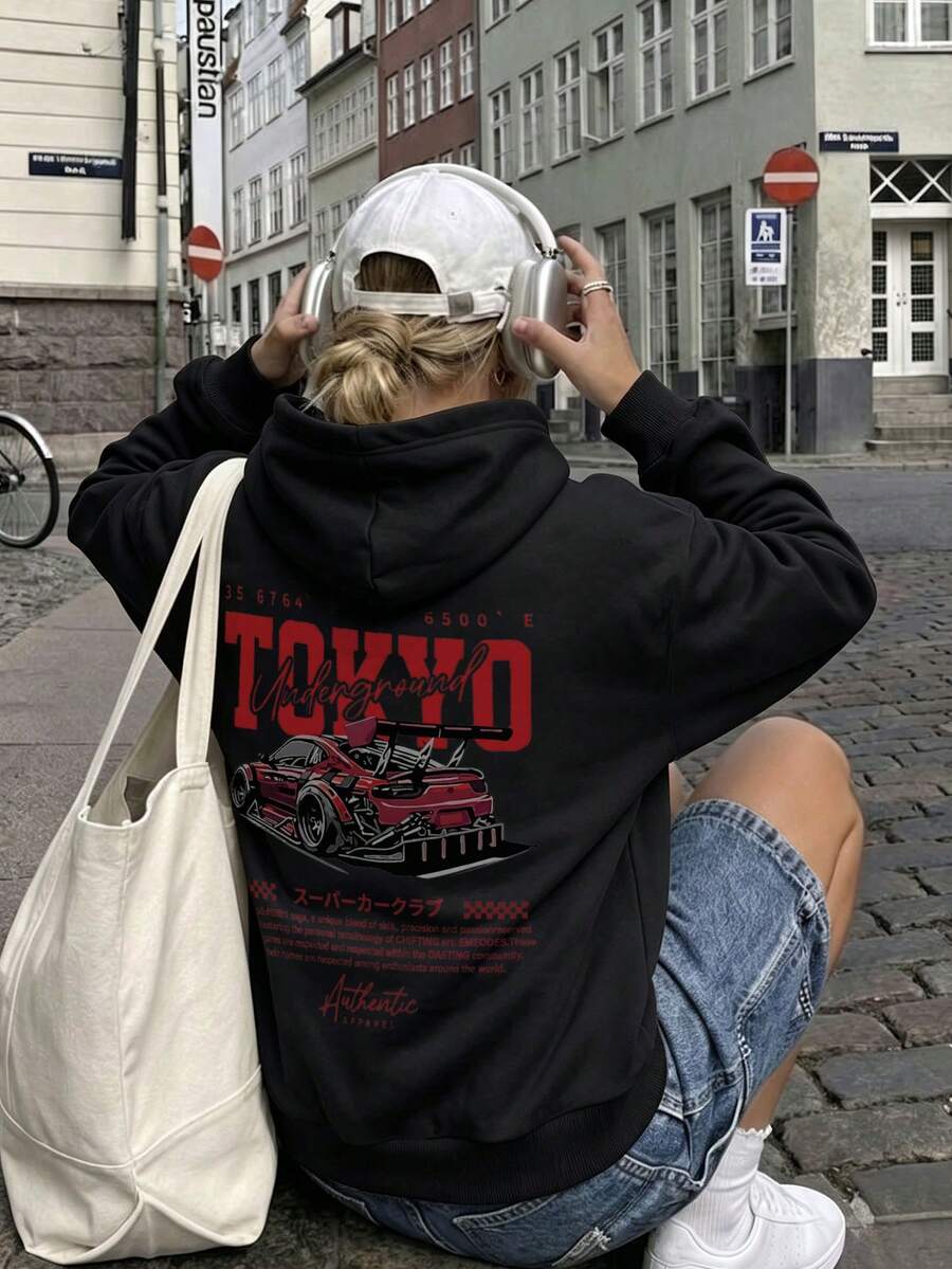 女款黑色 TOKYO JDM 賽車印花衛衣，秋季街頭風長袖套頭衫 - 黑色 - 查看 1