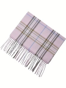 1pc Plaid Knitted Fringed Scarf, Multi-Color Patchwork, Unisex Warm Neck Warmer & Blanket, Suitable For Spring, Autumn And Winter Men Accessories - Pink - View 2