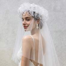 1 buah Kerudung Organza Bertepi Gulung dengan Manik-manik dan Hiasan Tulle Gaya Prancis Vintage, Aksesori Penataan Foto Pernikahan untuk Fotografi Perjalanan - Warna gambar - View 3