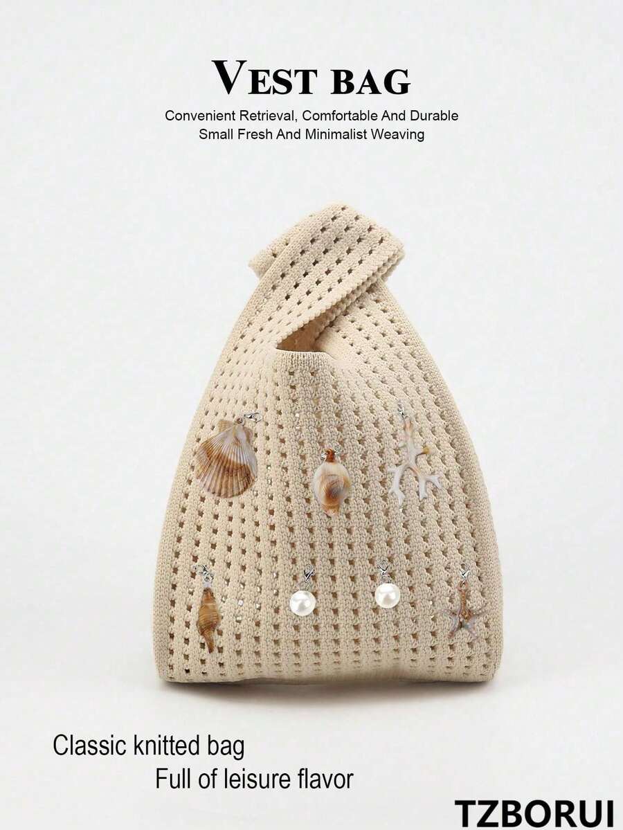 1件白色鏤空鉤編透氣輕量可折疊便攜易開口簡約休閒女款托特包,可用於手機、雨傘、化妝品、口紅、香水、書籍、衣物、鑰匙,多功能手提包,適合日常、假期、學校、通勤、購物、拍照、外出、露營、跑步,耐髒禮物 - 白色 - 查看 1