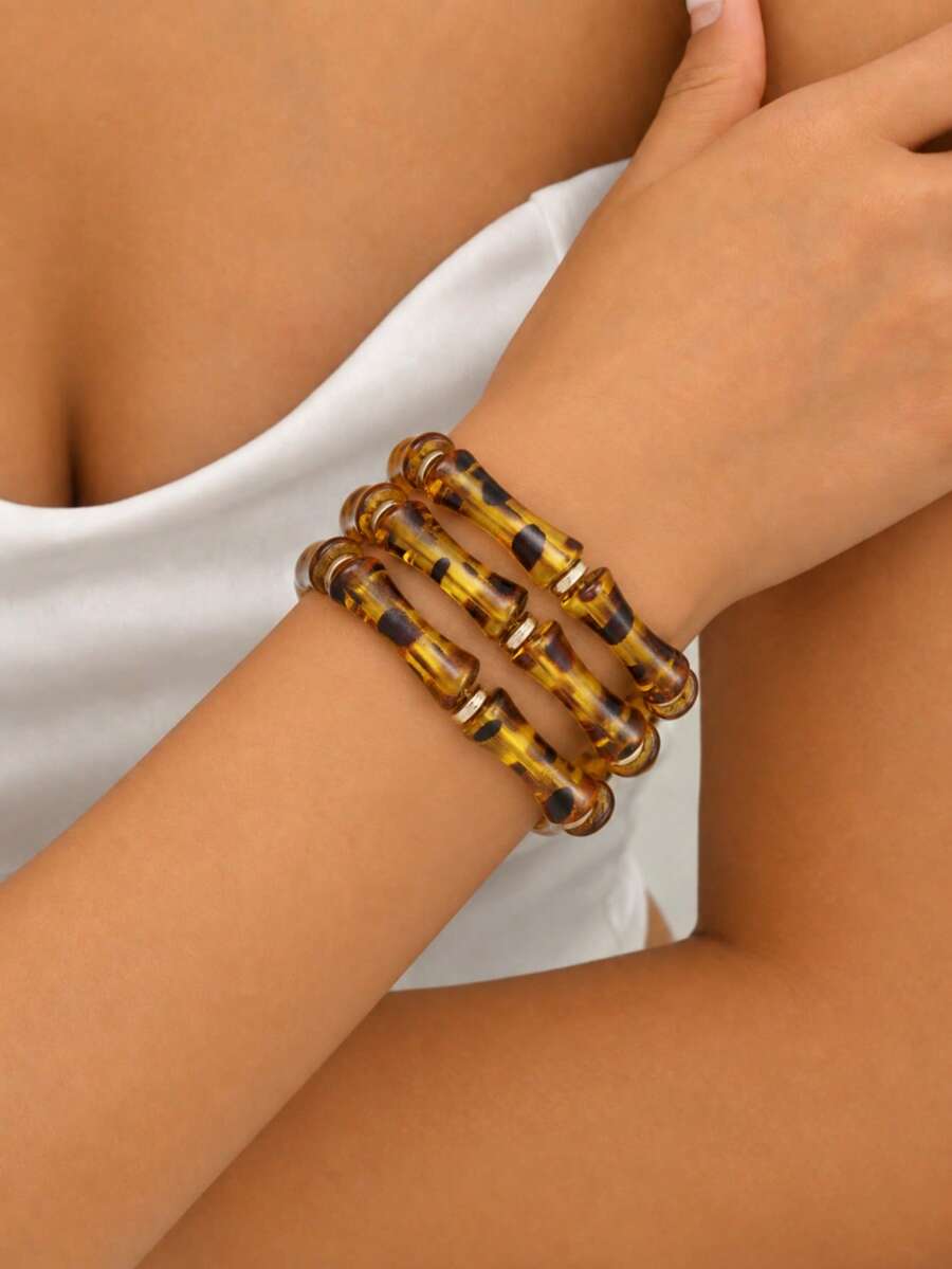 3pcs/Set Women's 3-Layer Chunky Beaded Bracelets, Bamboo Knot Style Personalized Bangles, Vintage Fashion Wrist Accessories - Leopard Print - View 1