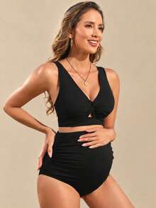 Maternity Vacation Beach Solid Color Twisted Design Bikini Set - Black - View 1