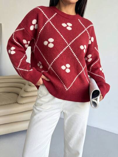 Maglione da donna in maglia a quadri bordeaux, collo rotondo, spalle cadenti, maniche lunghe, vestibilità regolare, tessuto con elasticità media, adatto per l'autunno
