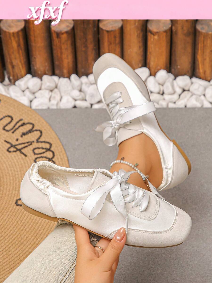 XfxfLadies' Color Blocked Flat Casual Shoes With Elastic Pleats At The Heel, Suitable For Casual Daily/Commuting/Shopping/Travel Wear. - Beige - View 1
