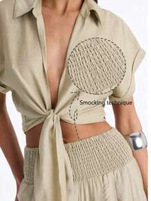 Women's 2 Pieces Faux Linen Texture Set, Front Tie Lapel Short Sleeve Crop Top + High Waist Wide Leg Pants, Summer Casual Vacation Outfit - Apricot - View 6