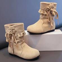 Girls' Loose Ruffle Mid-Calf Boots, Sweet Lace-Up Winter Boots, Soft Matte Fabric Upper, Non-Slip Sole, Toddler Children Shoes - Beige - View 2