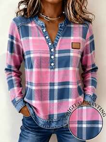 Plus Size Women's Pink & Blue Plaid Long Sleeve Button-Up Top, Casual Knit Shirt For Autumn/Winter - Pink - View 1