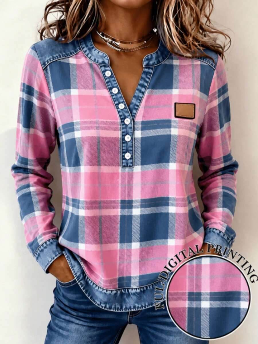 Plus Size Women's Pink & Blue Plaid Long Sleeve Button-Up Top, Casual Knit Shirt For Autumn/Winter - Pink - View 1