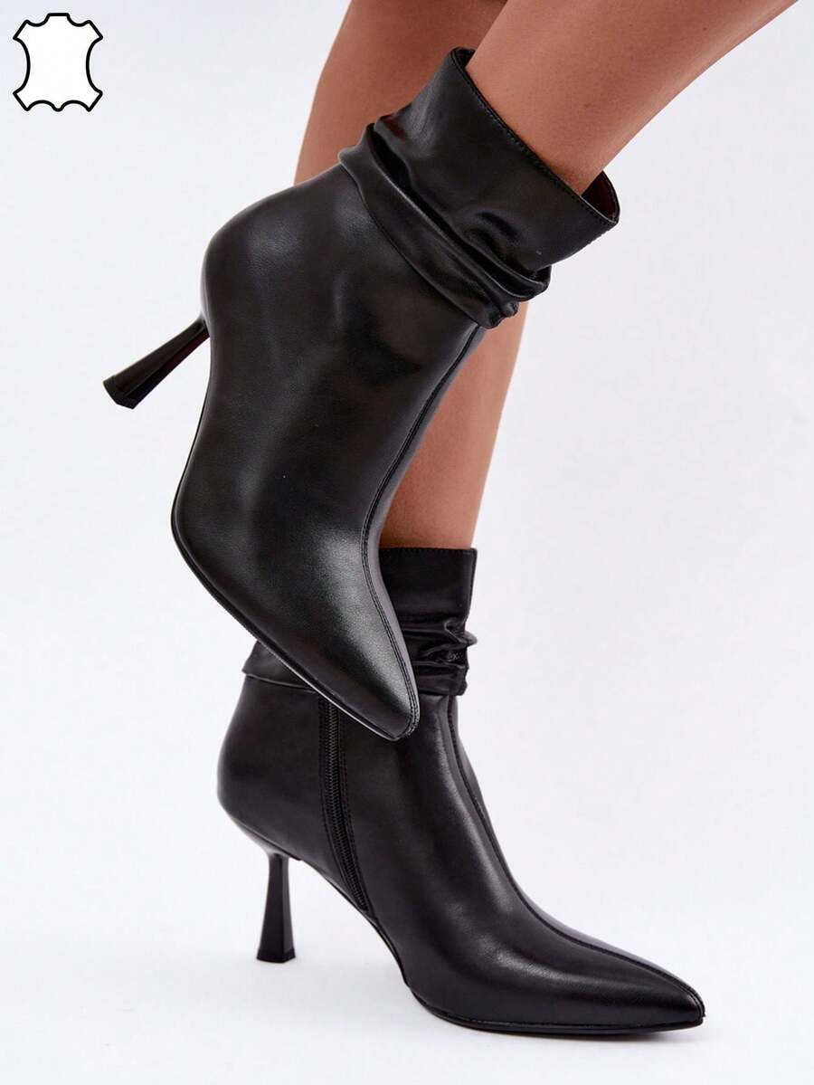 Women's Natural Leather Stiletto Boots With Ruching Insulated Elegant Autumn-Winter D&A Black - Black - View 1