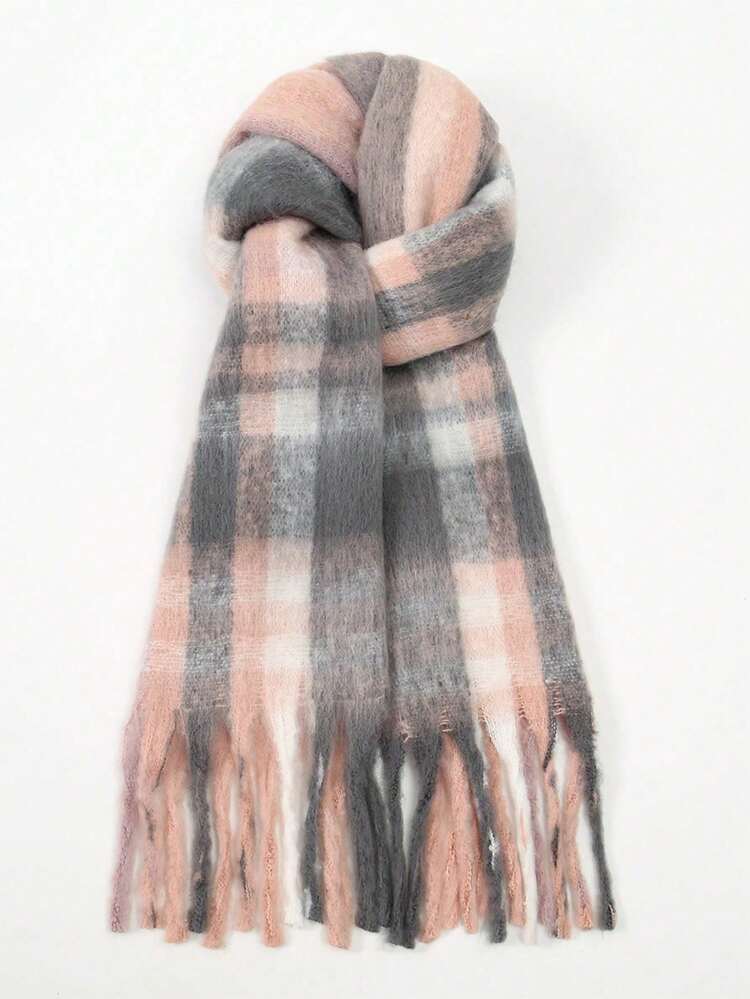 1PC Women's Autumn/Winter New Classic Plaid Stripe Print Fluffy Tassel Scarf, Comfortable Large Shawl, Soft Warm Thick Oversized Scarf For Outdoor Travel, Simple Versatile Daily Wear, Suitable For Christmas And Other Holidays - Ash Powder - View 9