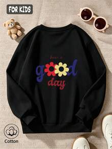 Girls' Cute Printed Drop-Shoulder Round-Neck Long-Sleeve Casual Sports Sweatshirt - Black - View 3