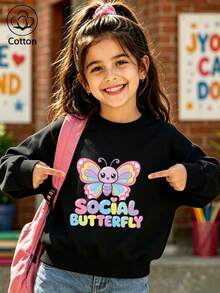 Girls' Cute Printed Drop-Shoulder Round-Neck Long-Sleeve Casual Sports Sweatshirt - Black - View 1