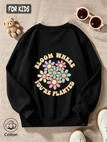 Girls' Cute Printed Drop-Shoulder Round-Neck Long-Sleeve Casual Sports Sweatshirt - Black - View 3